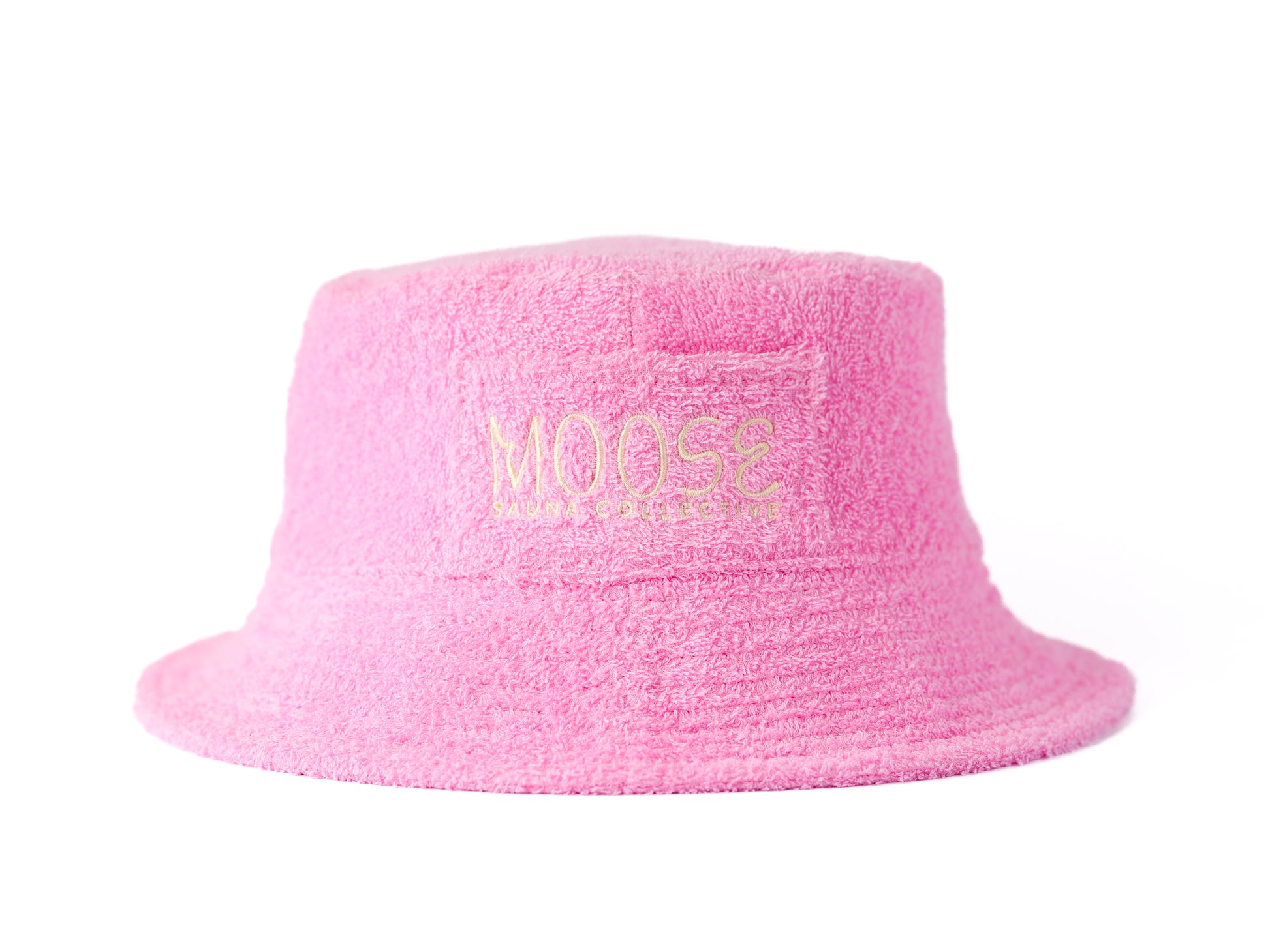 Pink sauna bucket hat with 'MOOSE' embroidery on a white background
