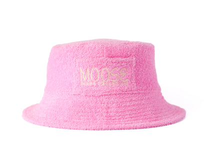 Pink sauna bucket hat with 'MOOSE' embroidery on a white background
